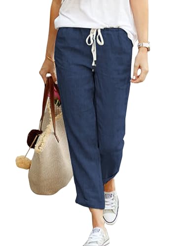 Hose Damen Leinen Sommerhose 7/8 Casual Leichte Baumwolle Leinenhose Stoffhose Bequeme Luftige Freizeithose Strandhose Mit Taschen (Navy Blau, M) von Hormtaer