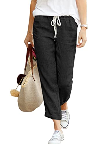 Hose Damen Leinen Sommerhose 7/8 Casual Leichte Baumwolle Leinenhose Stoffhose Bequeme Luftige Freizeithose Strandhose Mit Taschen (Schwarz, XL) von Hormtaer