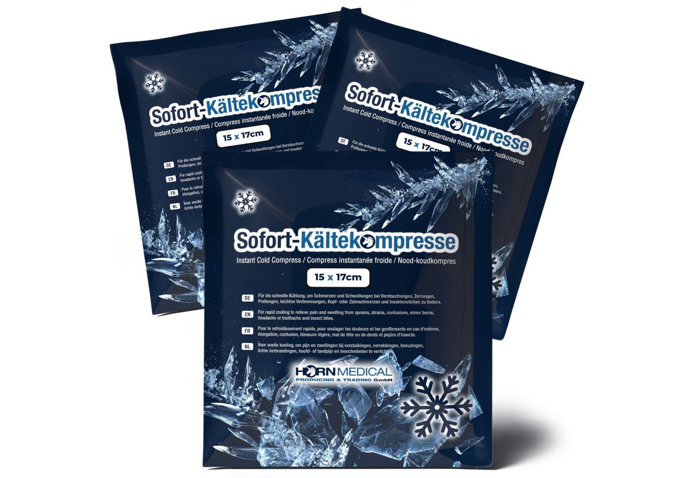 Horn Medical Kalt-Warm-Kompresse Horn Medical Sofort Kältekompressen 15 x 17cm 3Stk, Spar-Set 3-tlg., direkt einsatzbereite 1. Hilfe Einmalkompressen auf Urea-Wasser-Basis von Horn Medical