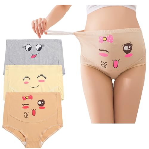 Damen Umstandsmode Hohe Taille Unterwäsche Schwangerschaft Umstandshöschen Schwangerschaftshöschen Baumwolle mit Smiley-Aufdruck Verstellbarem Hüftgurt Höschen,3er-Pack,M von Hornice