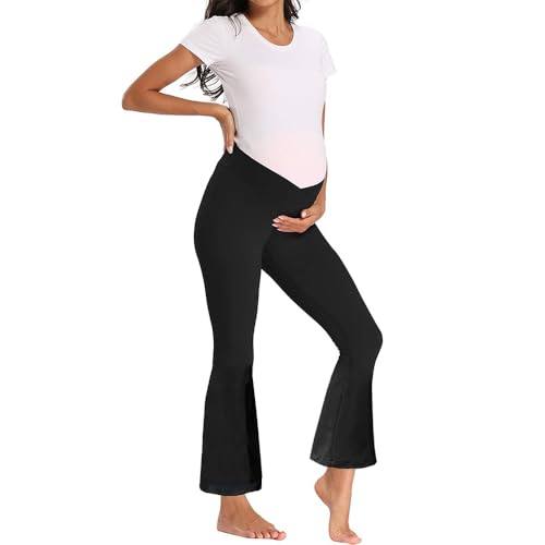 Hornice Damen Schwangerschafts-Leggings Niedrige Taille Schlaghosen Lounge Bootcut Umstandshosen Sport-Jogginghose Yogahose mit Verstellbarem,S von Hornice