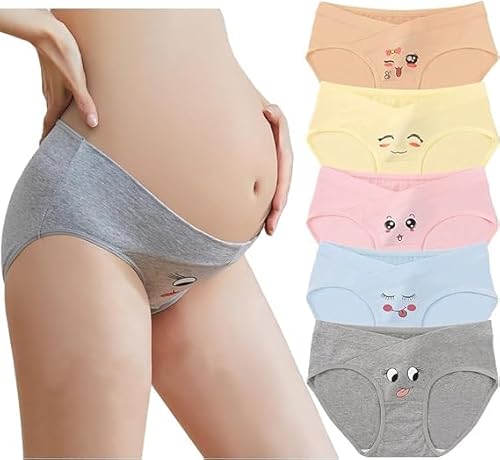Hornice Umstandshöschen für Damen Niedriger Bund V-Form Bikini Baumwolle Schwangerschaftshöschen Lächeln-Druck Atmungsaktive Stretch-Höschen - 5er-Pack von Hornice