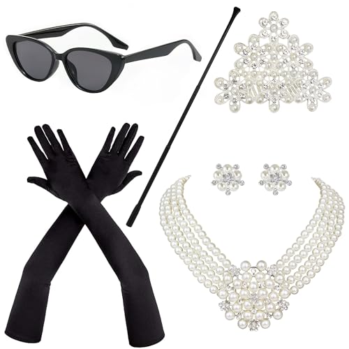 Horolam 6PCS 1920er Accessoires, Holly Golightly Kostüm 20er Jahre Accessoires Perlenkette Ohrringe Handschuhe Sonnenbrille für Frauen (mode) von Horolam
