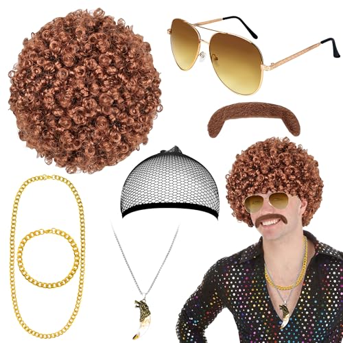 Horolam 7PCS 70s 80s Perücke Set, Afro Perücke Disco Zubehör mit Brille Schnurrbart Halsketten Perückenkappe und Armband für Disco Party (Braun) von Horolam