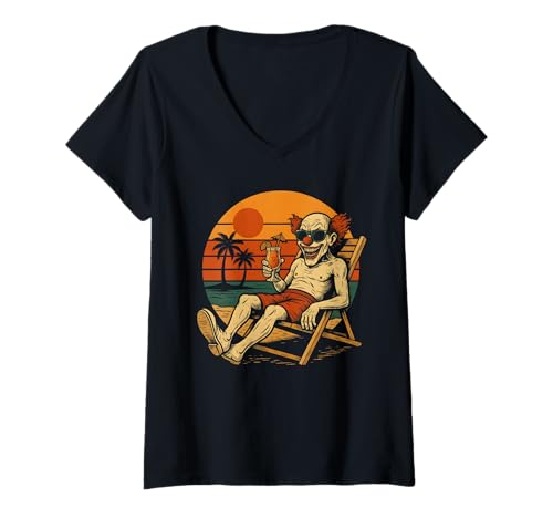 Damen Lustiges Horror Clown Outfit Retro Vintage Sommer Halloween T-Shirt mit V-Ausschnitt Damen Lustiges Horror Clown Outfit Retro Vintage Sommer Halloween T-Shirt mit V-Ausschnitt von Horror Clown Strand Cocktail Party Herren Damen