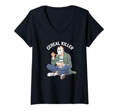 Damen Getreidevernichter Masked Character Eating Breakfast T-Shirt mit V-Ausschnitt Damen Getreidevernichter Masked Character Eating Breakfast T-Shirt mit V-Ausschnitt von Horror Comedy Pop Culture Humor Icons