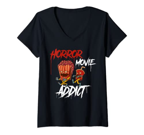 Damen Horror Movie Addict T-Shirt mit V-Ausschnitt Damen Horror Movie Addict T-Shirt mit V-Ausschnitt von Horror Film Kleidung