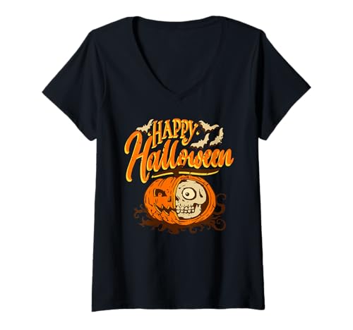 Damen Halb Kürbis Schädel Halloween Horror Grusel Nacht T-Shirt mit V-Ausschnitt Damen Halb Kürbis Schädel Halloween Horror Grusel Nacht T-Shirt mit V-Ausschnitt von Horror Kürbis Totenkopf mit Fledermäusen