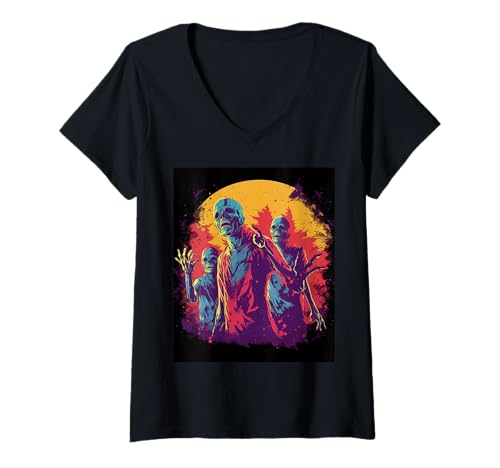 Damen Zombie Schädel Szene – Halloween Design Untote T-Shirt mit V-Ausschnitt Damen Zombie Schädel Szene – Halloween Design Untote T-Shirt mit V-Ausschnitt von Horror Monster Geschenk – Gruselige Jahreszeit
