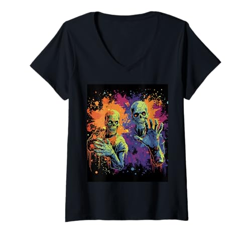 Damen Zombie Schädel Szene – Halloween Design Untote T-Shirt mit V-Ausschnitt Damen Zombie Schädel Szene – Halloween Design Untote T-Shirt mit V-Ausschnitt von Horror Monster Geschenk – Gruselige Jahreszeit