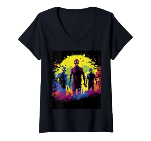 Damen Zombie Schädel Szene – Halloween Design Untote T-Shirt mit V-Ausschnitt Damen Zombie Schädel Szene – Halloween Design Untote T-Shirt mit V-Ausschnitt von Horror Monster Geschenk – Gruselige Jahreszeit
