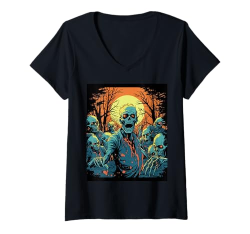Damen Zombie Schädel Szene – Halloween Design Untote T-Shirt mit V-Ausschnitt Damen Zombie Schädel Szene – Halloween Design Untote T-Shirt mit V-Ausschnitt von Horror Monster Geschenk – Gruselige Jahreszeit