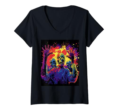 Damen Zombie Schädel Szene – Halloween Design Untote T-Shirt mit V-Ausschnitt Damen Zombie Schädel Szene – Halloween Design Untote T-Shirt mit V-Ausschnitt von Horror Monster Geschenk – Gruselige Jahreszeit