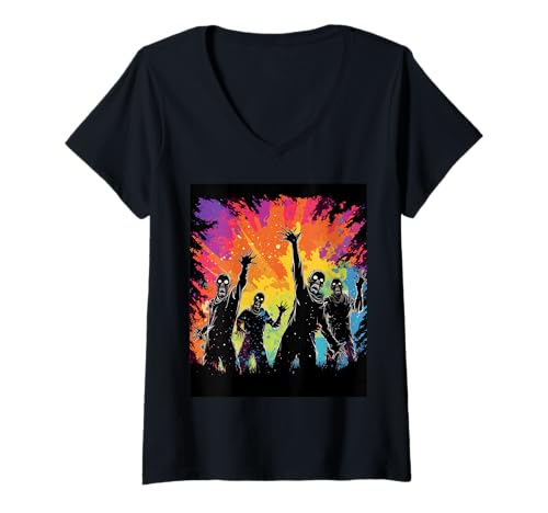 Damen Zombie Schädel Szene – Halloween Design Untote T-Shirt mit V-Ausschnitt Damen Zombie Schädel Szene – Halloween Design Untote T-Shirt mit V-Ausschnitt von Horror Monster Geschenk – Gruselige Jahreszeit