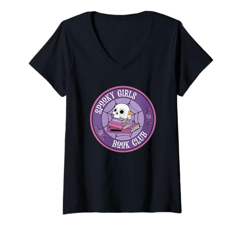 Damen Gruseliges Mädchen Buch Club Lustiges Gothic Leseskelett T-Shirt mit V-Ausschnitt Damen Gruseliges Mädchen Buch Club Lustiges Gothic Leseskelett T-Shirt mit V-Ausschnitt von Horror Reader Girlies