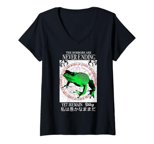 Damen Horrors Are Never Ending Yet I Remain Silly Japanischer Frosch T-Shirt mit V-Ausschnitt Damen Horrors Are Never Ending Yet I Remain Silly Japanischer Frosch T-Shirt mit V-Ausschnitt von Horrors Are Never Ending Frog Funny