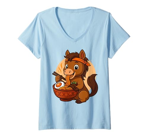 Damen Kawaii Horse Eating Ramen Grafik Japanisches Pferd Grafik T-Shirt mit V-Ausschnitt Damen Kawaii Horse Eating Ramen Grafik Japanisches Pferd Grafik T-Shirt mit V-Ausschnitt von Horse Eating Ramen Funny Japanese Kawaii Design