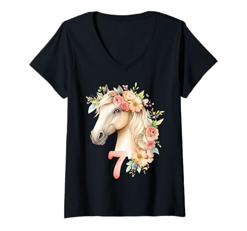 Damen 7. Geburtstag Pferd Mädchen 7 Jahre Outfit Pferd Geburtstag T-Shirt mit V-Ausschnitt Damen 7. Geburtstag Pferd Mädchen 7 Jahre Outfit Pferd Geburtstag T-Shirt mit V-Ausschnitt von Horse Girl Birthday Magic