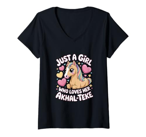 Damen Pferd Just a Girl who Loves her Akhal-Teke Akhal-Teke T-Shirt mit V-Ausschnitt Damen Pferd Just a Girl who Loves her Akhal-Teke Akhal-Teke T-Shirt mit V-Ausschnitt von Horse Lovers, Akhal-Teke Fans