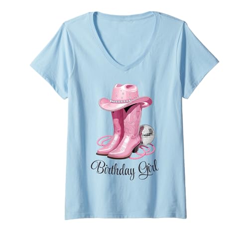 Damen Süßes rosa Cowgirl Birthday Girl Kuh Mädchen Party Outfit Idee T-Shirt mit V-Ausschnitt Damen Süßes rosa Cowgirl Birthday Girl Kuh Mädchen Party Outfit Idee T-Shirt mit V-Ausschnitt von Horse Loving Girls who Ride Western Horses Women
