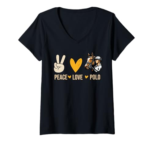 Damen Peace Love Polo Player Pferderennen, Pferderennen, Sport, Polo T-Shirt mit V-Ausschnitt von Horse Polo Gifts For Men Women