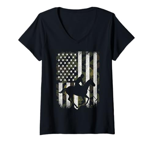 Damen Polo Horse Polo Athletes Pferdepferd mit amerikanischer Flagge in Camouflage-Design T-Shirt mit V-Ausschnitt von Horse Polo Gifts For Men Women