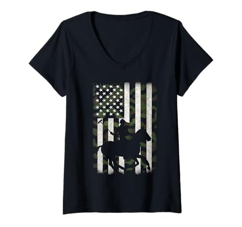 Damen Polo Horse Polo Athletes Pferdepferd mit amerikanischer Flagge in Camouflage-Design T-Shirt mit V-Ausschnitt von Horse Polo Gifts For Men Women