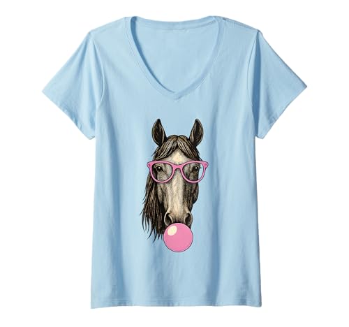Damen Lustige Pferde mit Brille und pinkem Kaugummi T-Shirt mit V-Ausschnitt Damen Lustige Pferde mit Brille und pinkem Kaugummi T-Shirt mit V-Ausschnitt von Horse Racing Sunglasses Gum Apparel For Women Men