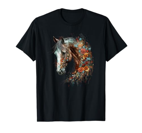 Pferd Damen Kinder Mädchen Reiter Pferdeliebhaber T-Shirt Pferd Damen Kinder Mädchen Reiter Pferdeliebhaber T-Shirt von Horse head with flowers