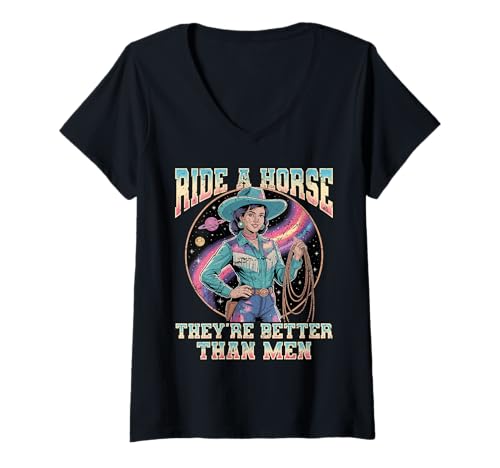 Damen Rite A Horse Cosmic Western Feminist Cowgirl im Retro-Stil, lustig T-Shirt mit V-Ausschnitt Damen Rite A Horse Cosmic Western Feminist Cowgirl im Retro-Stil, lustig T-Shirt mit V-Ausschnitt von HorseNova