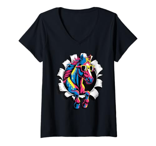 Damen Gerissener Papiereffekt Pferd Sonnenbrille Reiten Pferde T-Shirt mit V-Ausschnitt Damen Gerissener Papiereffekt Pferd Sonnenbrille Reiten Pferde T-Shirt mit V-Ausschnitt von Horseback Riding Equestrian Gifts