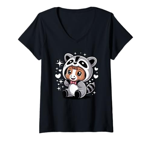 Damen Kawaii Pferd Waschbär Kostüm Reiten Pferde T-Shirt mit V-Ausschnitt von Horseback Riding Equestrian Gifts