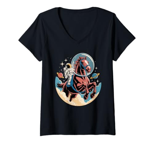 Damen Pferd Astronaut Pferde Planeten Sonnensystem T-Shirt mit V-Ausschnitt von Horseback Riding Equestrian Gifts