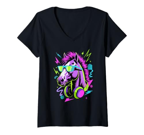Damen Punk Ära Stil Pferd Sonnenbrille Reiten Pferde T-Shirt mit V-Ausschnitt Damen Punk Ära Stil Pferd Sonnenbrille Reiten Pferde T-Shirt mit V-Ausschnitt von Horseback Riding Equestrian Gifts