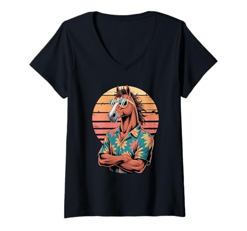 Damen Retro Pferd Sonnenbrille Hawaii Strand Sommer Urlaub T-Shirt mit V-Ausschnitt Damen Retro Pferd Sonnenbrille Hawaii Strand Sommer Urlaub T-Shirt mit V-Ausschnitt von Horseback Riding Equestrian Gifts
