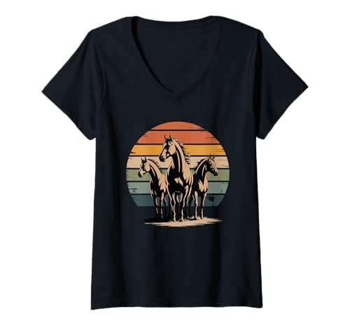 Damen Retro Sonnenuntergang Pferd Silhouette Reiten Pferde T-Shirt mit V-Ausschnitt Damen Retro Sonnenuntergang Pferd Silhouette Reiten Pferde T-Shirt mit V-Ausschnitt von Horseback Riding Equestrian Gifts