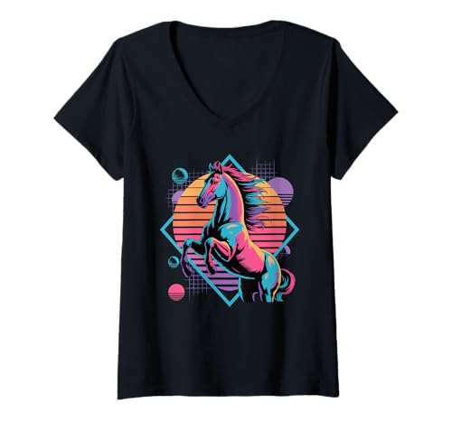 Damen Retro Synthwave Pferd Reiten Pferde T-Shirt mit V-Ausschnitt Damen Retro Synthwave Pferd Reiten Pferde T-Shirt mit V-Ausschnitt von Horseback Riding Equestrian Gifts