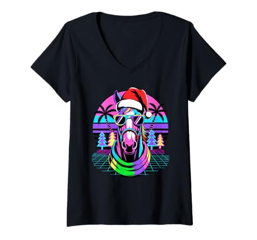 Damen Weihnachten Synthwave Pferd Sonnenbrille Reiten Pferde T-Shirt mit V-Ausschnitt Damen Weihnachten Synthwave Pferd Sonnenbrille Reiten Pferde T-Shirt mit V-Ausschnitt von Horseback Riding Equestrian Gifts