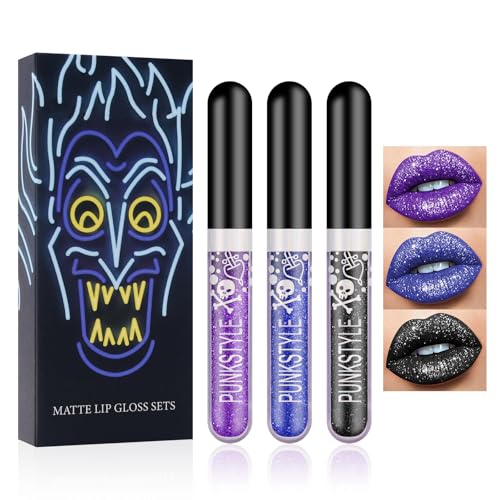 Horuili® 3 Stück Farben Glitzer Lippenstift Set, Matt Flüssiger Glänzender Lippenstift, Diamant glänzender langanhaltender Lippenstift, Schimmer Lipgloss Kit für Halloween Party Maskerade Cosplay von Horuili