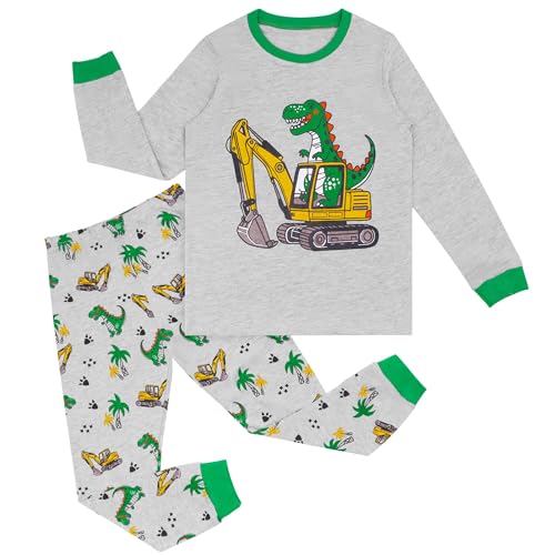Hoseay Jungen Schlafanzug Kinder Baumwolle Langarm Oberteile und Hosen Pyjama Set Weich 2-Teiler Grau Bagger Dinosaurier Nachtwäsche Kinder Hausanzug kinderkleidung 7-8 Jahre Gr.122-128 von Hoseay