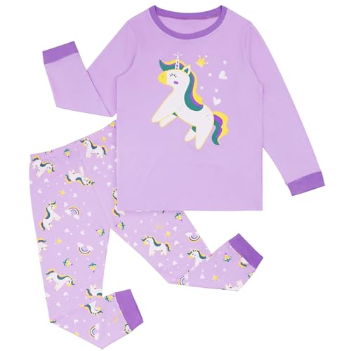 Hoseay Mädchen Schlafanzug Kinder Baumwolle Langarm Einhorn Oberteile und Hosen Pyjama Set Weich 2-Teiler Nachtwäsche Kinder Freizeitkleidung Hausanzug kinderkleidung 4-5 Jahre Gr.104-110, Lila von Hoseay