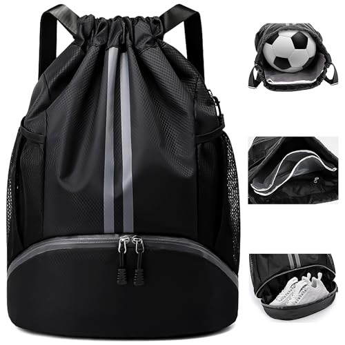 Hoseay Turnbeutel Kordelzug Sportbeutel mit Schuhfach & Nassfach Herren Groß Sportrucksack Wasserdicht Fußball Tasche Leicht Verstellbar Sport Rucksack für Sport Reisen Schwimmen Fitness, Schwarz von Hoseay