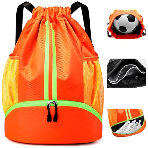 Hoseay Turnbeutel Kordelzug Sportbeutel mit Schuhfach und Nassfach Damen Groß Sportrucksack Wasserdicht Fußball Tasche Leicht Verstellbar Sport Rucksack für Sport Reisen Schwimmen Fitness, Orange von Hoseay