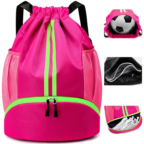 Hoseay Turnbeutel Kordelzug Sportbeutel mit Schuhfach & Nassfach Damen Groß Sportrucksack Wasserdicht Fußball Tasche Leicht Verstellbar Sport Rucksack für Sport Reisen Schwimmen Fitness, Rosa von Hoseay