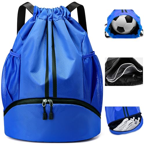 Hoseay Turnbeutel Kordelzug Sportbeutel mit Schuhfach & Nassfach Herren Groß Sportrucksack Wasserdicht Fußball Tasche Leicht Verstellbar Sport Rucksack für Sport Reisen Schwimmen Fitness, Blau von Hoseay