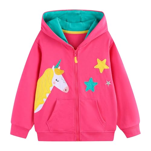 Hoseay Zip Up Hoodie Mädchen Kapuzenpullover Langarm Baumwolle Sweatjacke Einhorn Hoody Sweatshirt Mit Reißverschluss und Taschen für Kinder Herbst Winter 7-8 Jahre Gr.122-128, Rot von Hoseay