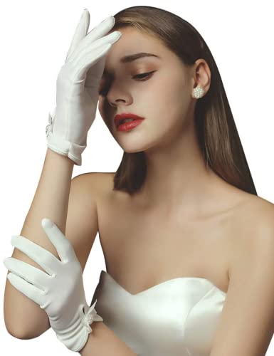 Hoseirty Kurze Satin-Handschuhe für Damen, Hochzeitshandschuhe für Braut, Handgelenklänge, Opernparty, dehnbare Handschuhe, Elfenbein 03, Wrist Length von Hoseirty