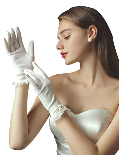 Hoseirty Damen Kurze Satin Handschuhe Hochzeit Handschuhe für Braut Handgelenk Länge Opera Party Dehnbare Handschuhe, Ivory 05 von Hoseirty