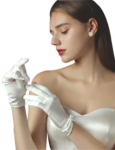 Hoseirty Kurze Satin-Handschuhe für Damen, Hochzeitshandschuhe für Braut, Handgelenklänge, Opernparty, dehnbare Handschuhe, Elfenbein 02, Wrist Length von Hoseirty