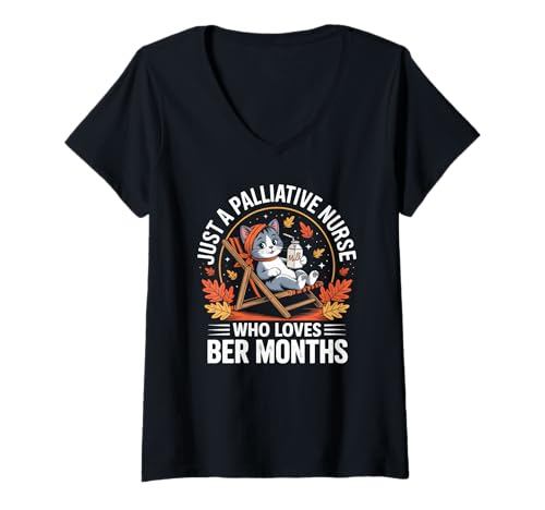 Damen Palliative Krankenschwester Ber Monate Süße Katze Herbstsaison T-Shirt mit V-Ausschnitt Damen Palliative Krankenschwester Ber Monate Süße Katze Herbstsaison T-Shirt mit V-Ausschnitt von Hospice Care Autumn Lover